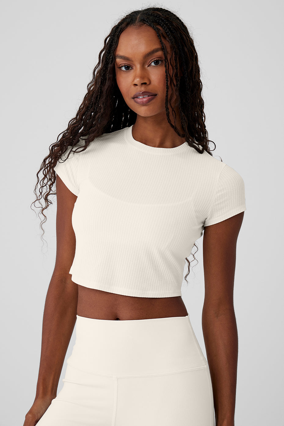 Side angle of the cropped tee, highlighting the cap sleeves.