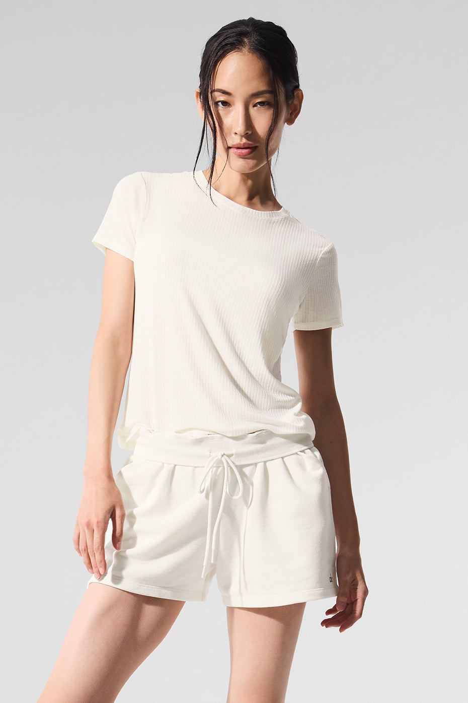 Close-up of sea coast fabric ribbed tee highlighting texture and stretch