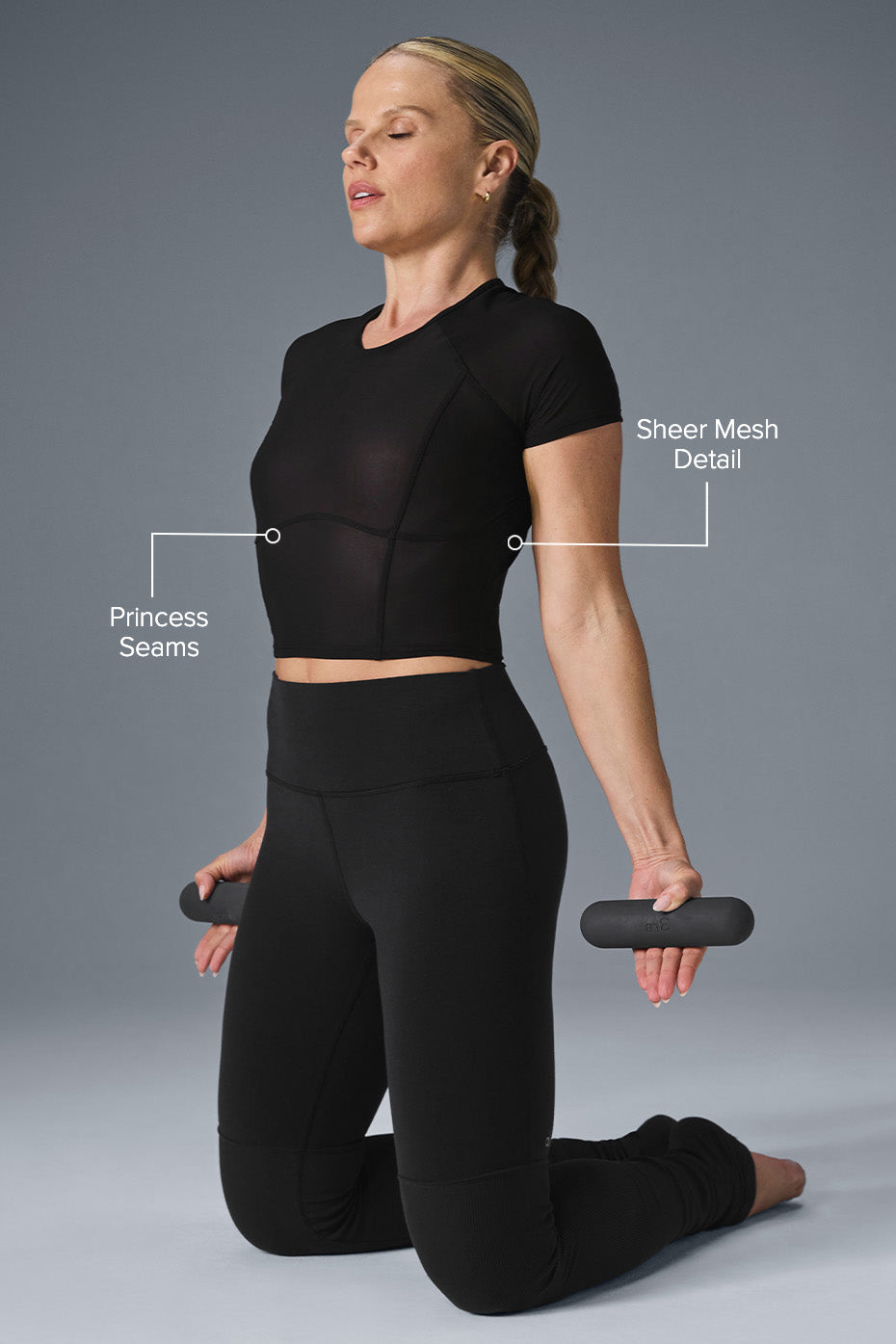 Side view of the breathable sports top, highlighting the princess seams.