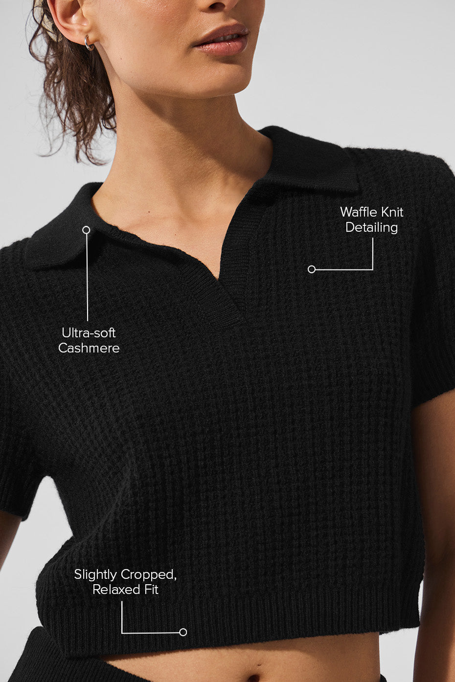 Model wearing the plush waffle knit tee for women with tailored pants