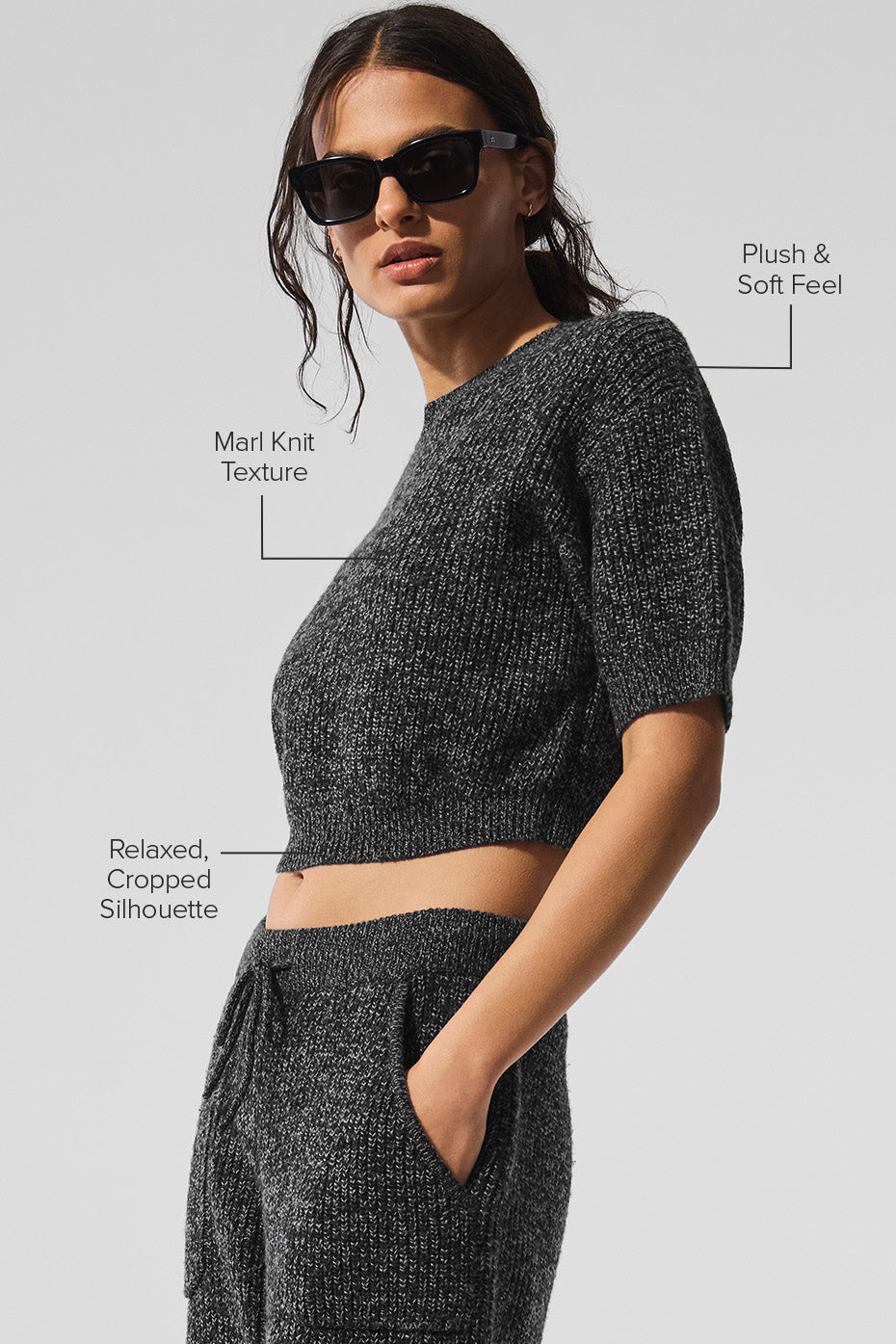Close-up of marl knit texture on short sleeve sweater