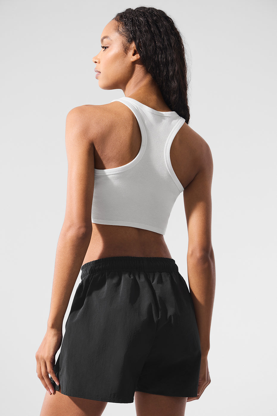 Close-up of the ribbed texture on the Aspire cropped tank top.