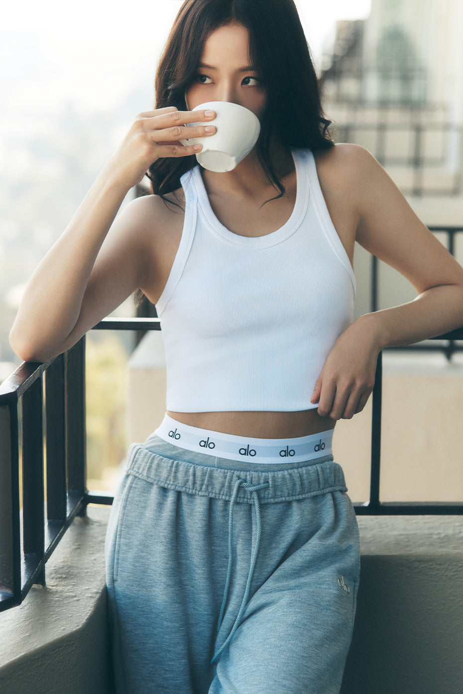 Front view of the Goddess Ribbed Essential Tank in white, ideal for activewear.