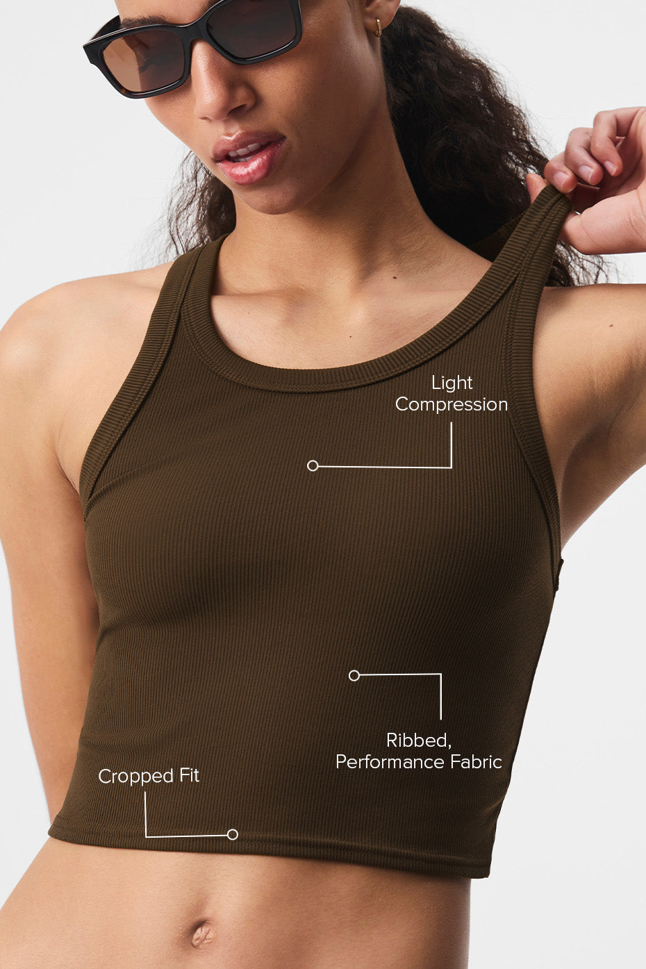 Close-up of ribbed fabric and racerback detail of the cropped tank top