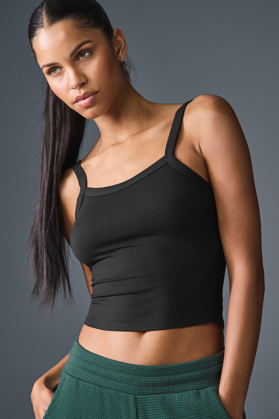 Alosoft black tank top worn casually with jeans