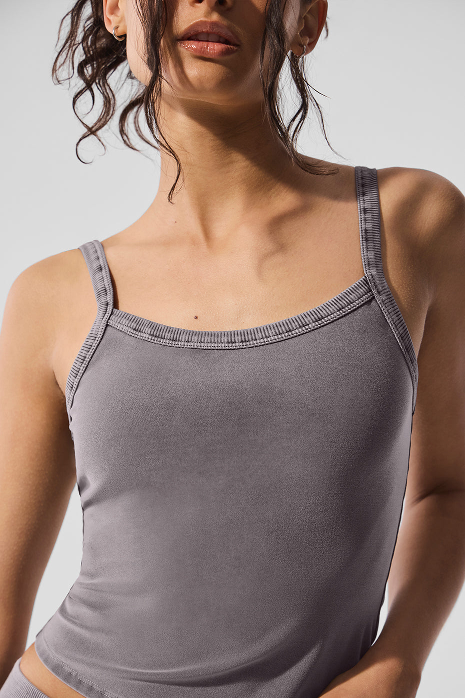 Front view of Alosoft Sweet Talker tank top in cool grey wash.