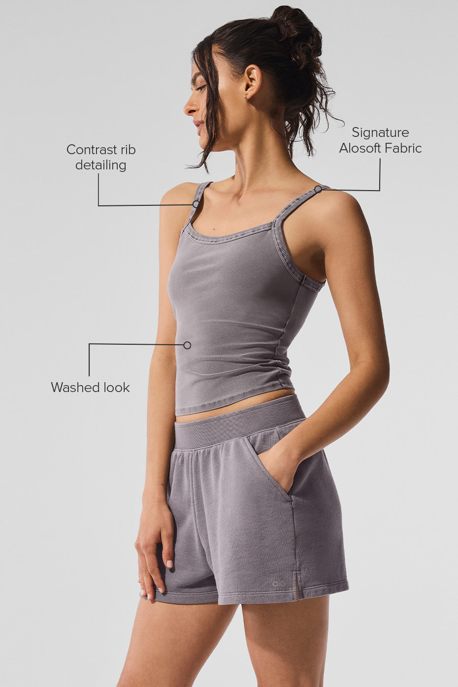 Side view showcasing the contrast rib detailing of the tank top.