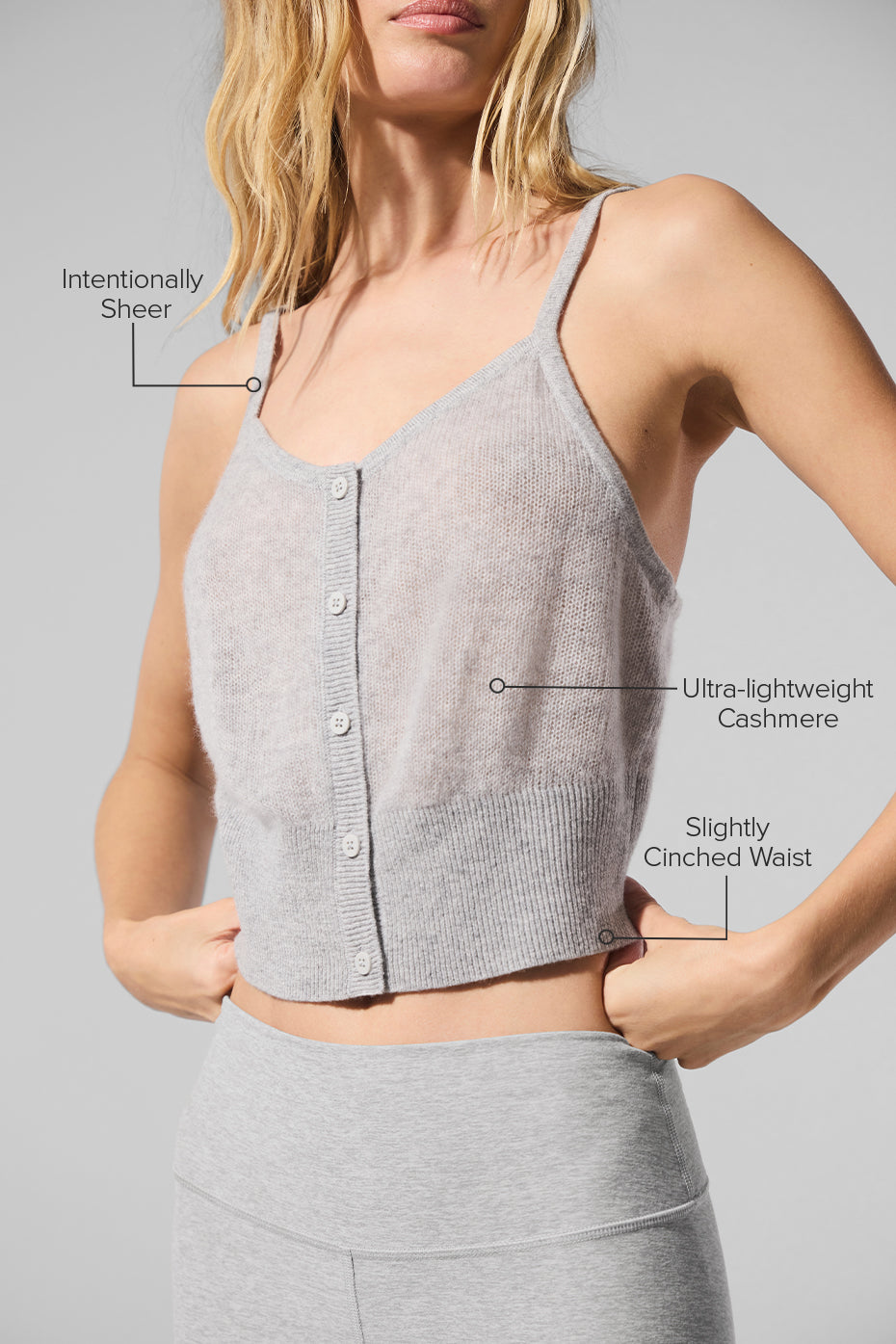 Close-up showing lightweight cashmere sweater texture and button details
