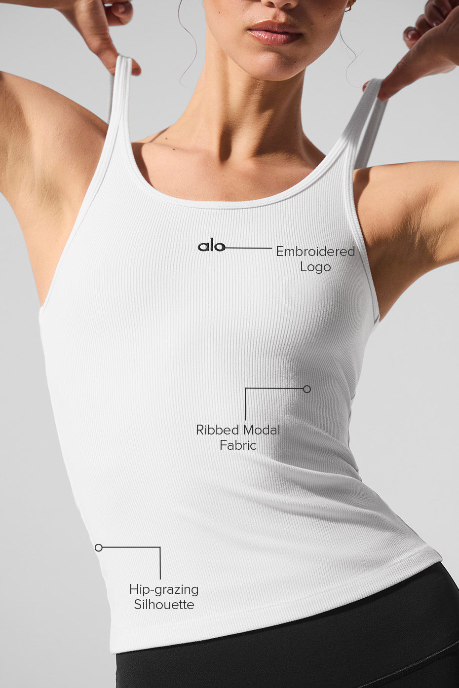 Close-up of the stretchy, ribbed modal fabric of the womens tank