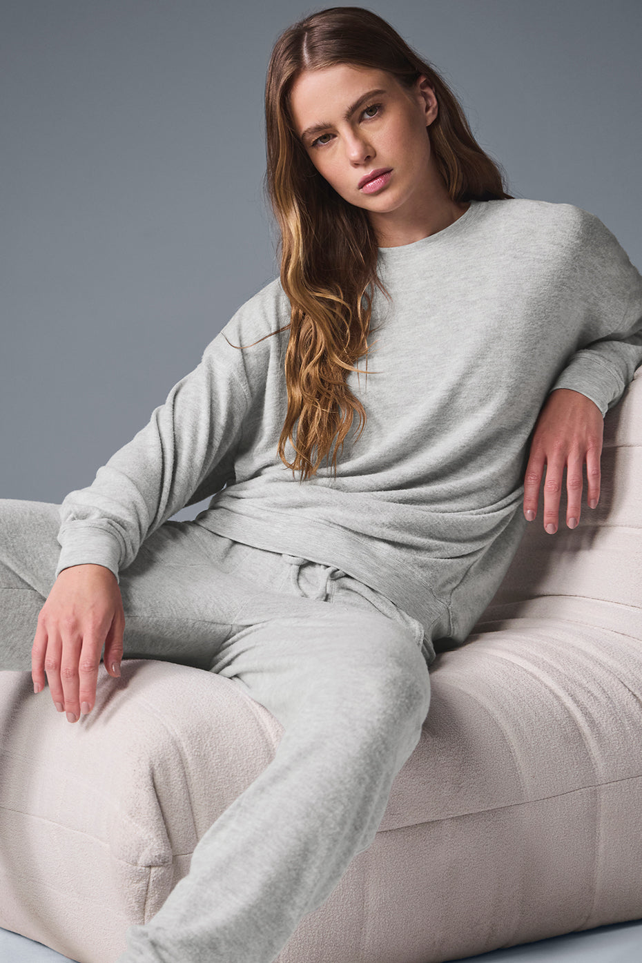 Front view of Soho pullover in athletic heather grey highlighting soft fabric and relaxed fit