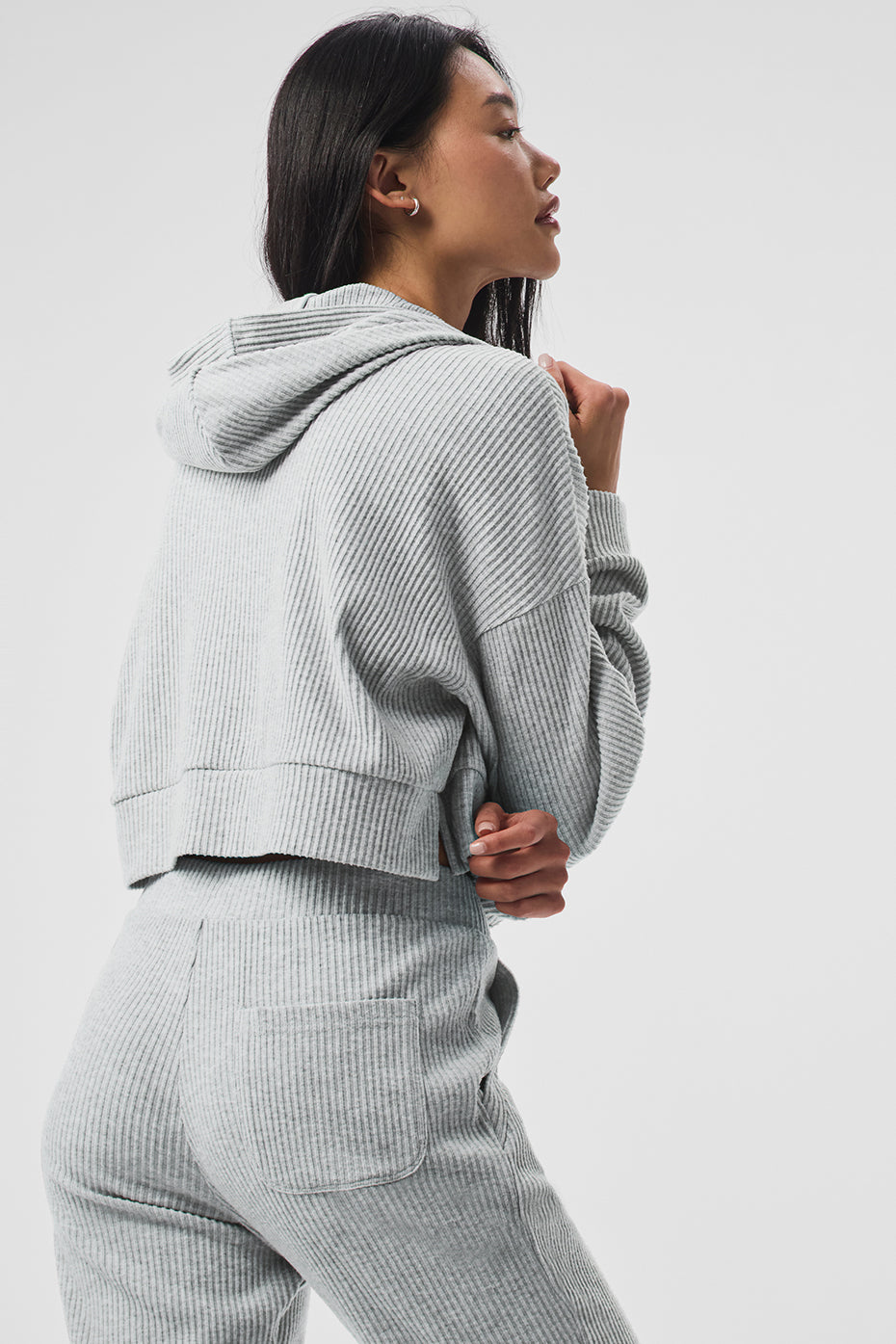 Back view of Muse Comfort Hoodie, demonstrating its soft ribbed knit texture.