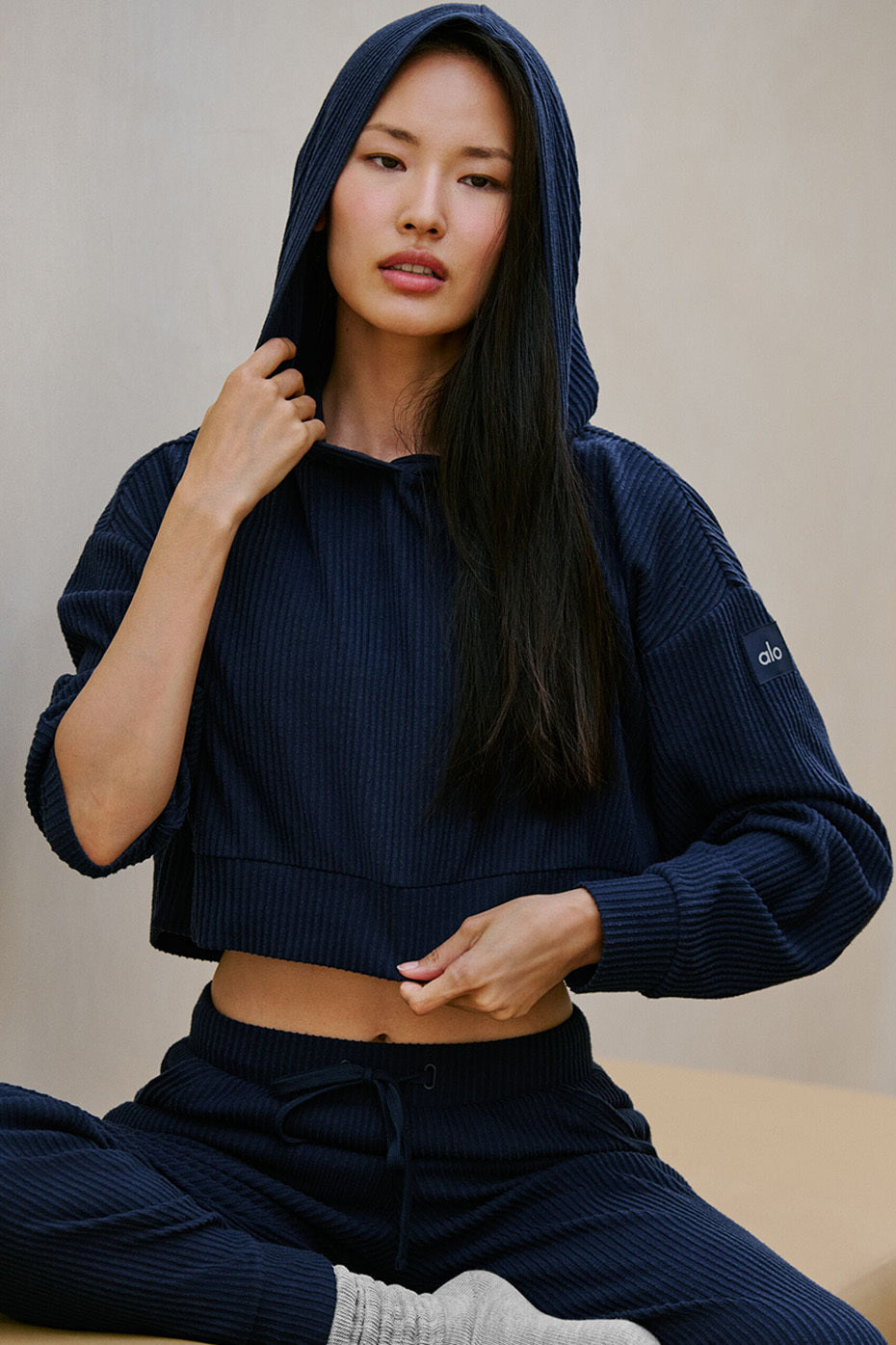 Close-up of Muse Comfort Hoodie’s ribbed knit texture