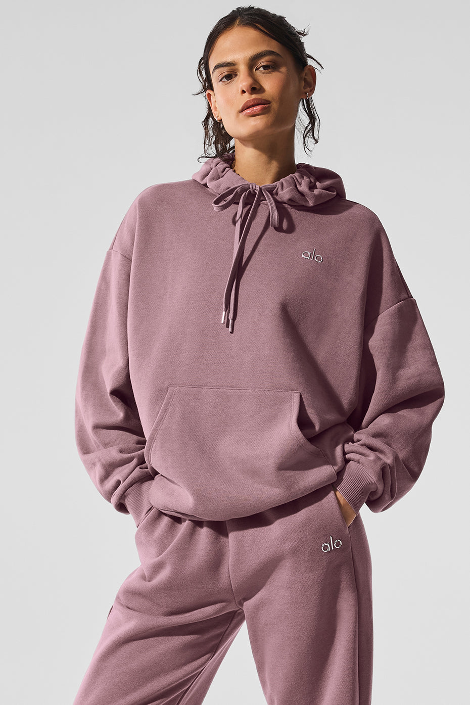 Front view of smoky quartz fashion hoodie with ribbed cuffs and relaxed fit