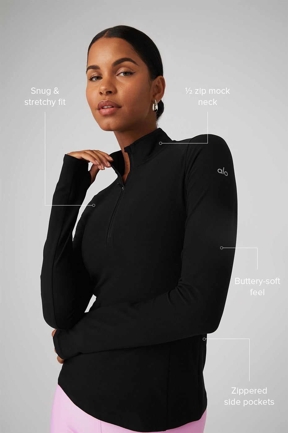 Side angle displaying invisible zip pockets and elevated seams on performance clothing