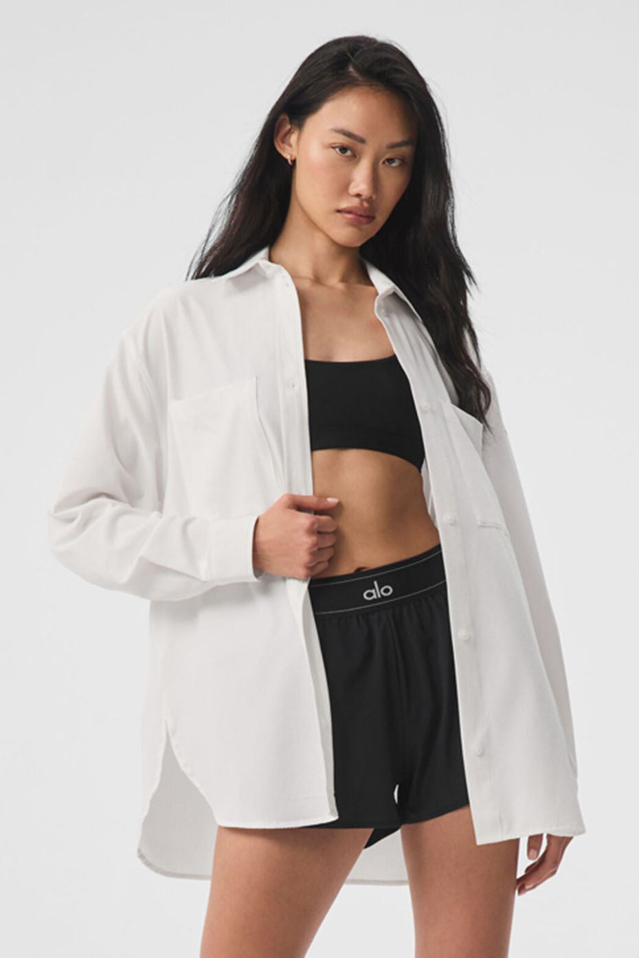 Dreamscape oversized shirt worn open over a basic tee, showcasing relaxed fit