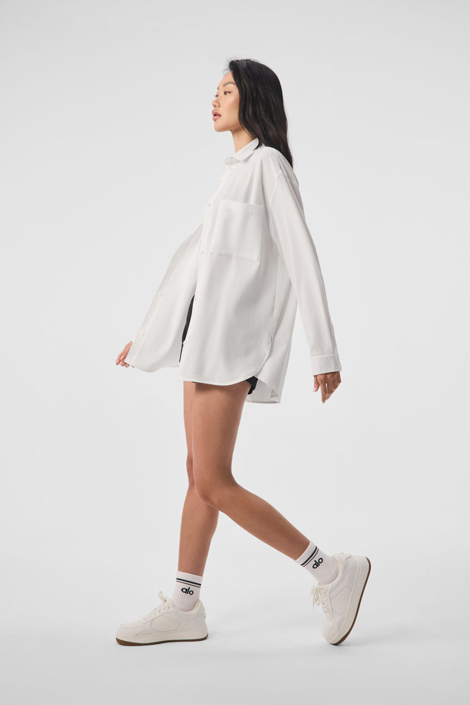 Dreamscape oversized shirt worn open over a basic tee, showcasing relaxed fit
