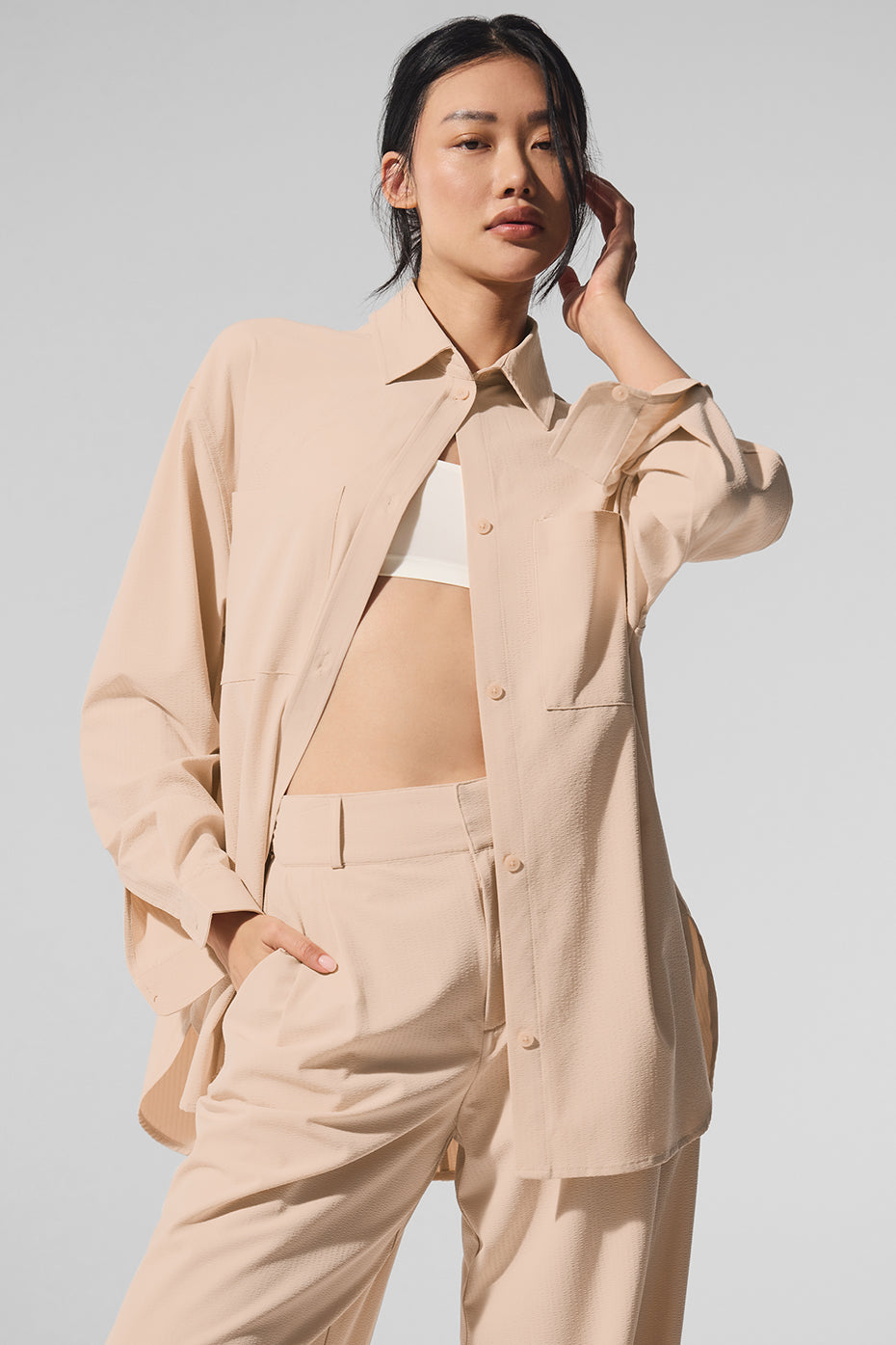 Front view of the Dreamscape oversized button down shirt in Macadamia.