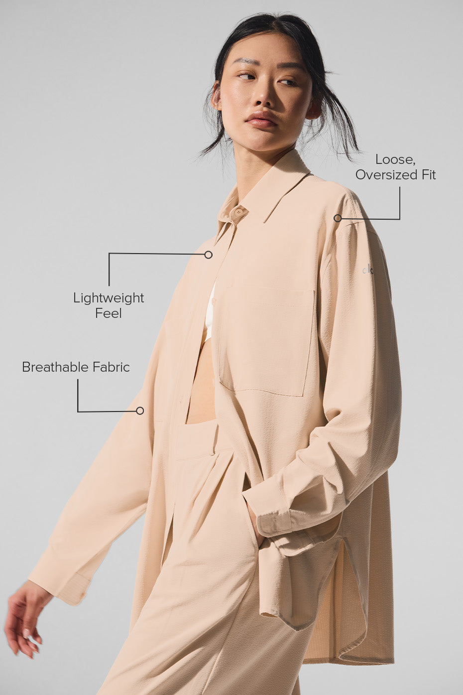Model wearing the Dreamscape lightweight shirt paired with trousers.