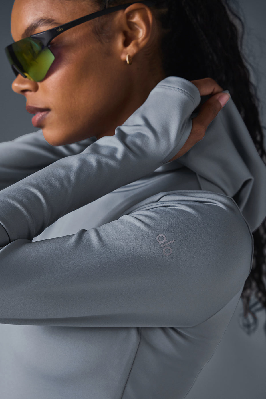 Close-up of the tall hood and brushed interior of the Airlift winter running jacket.