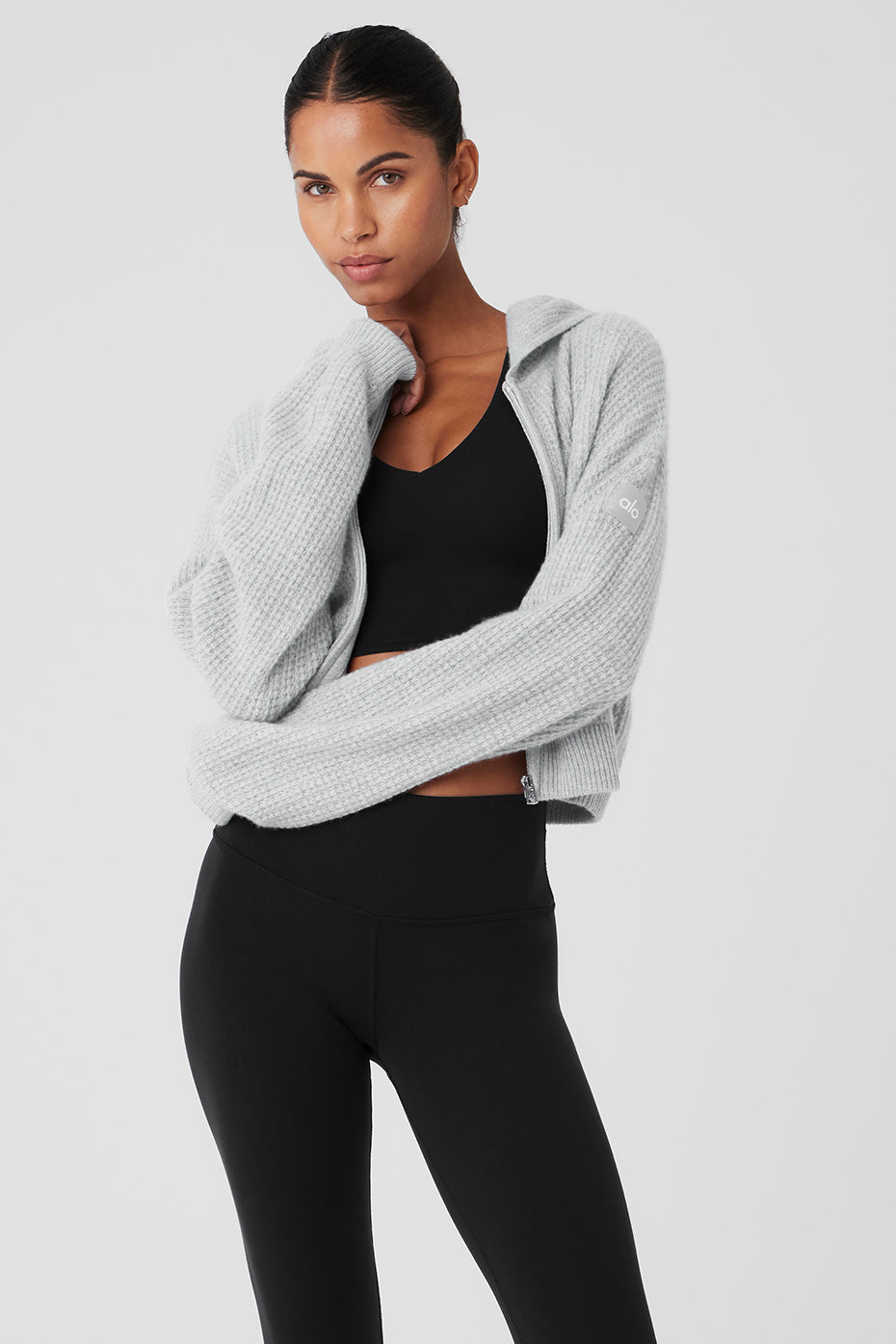 Cashmere waffle zip hoodie front view in Athletic Heather Grey
