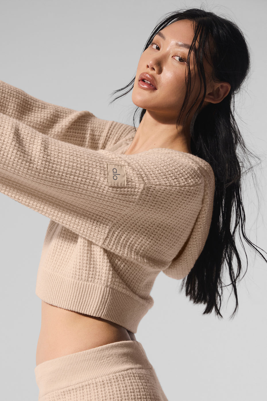 Close-up of the plush waffle fabric texture on this cashmere hoodie