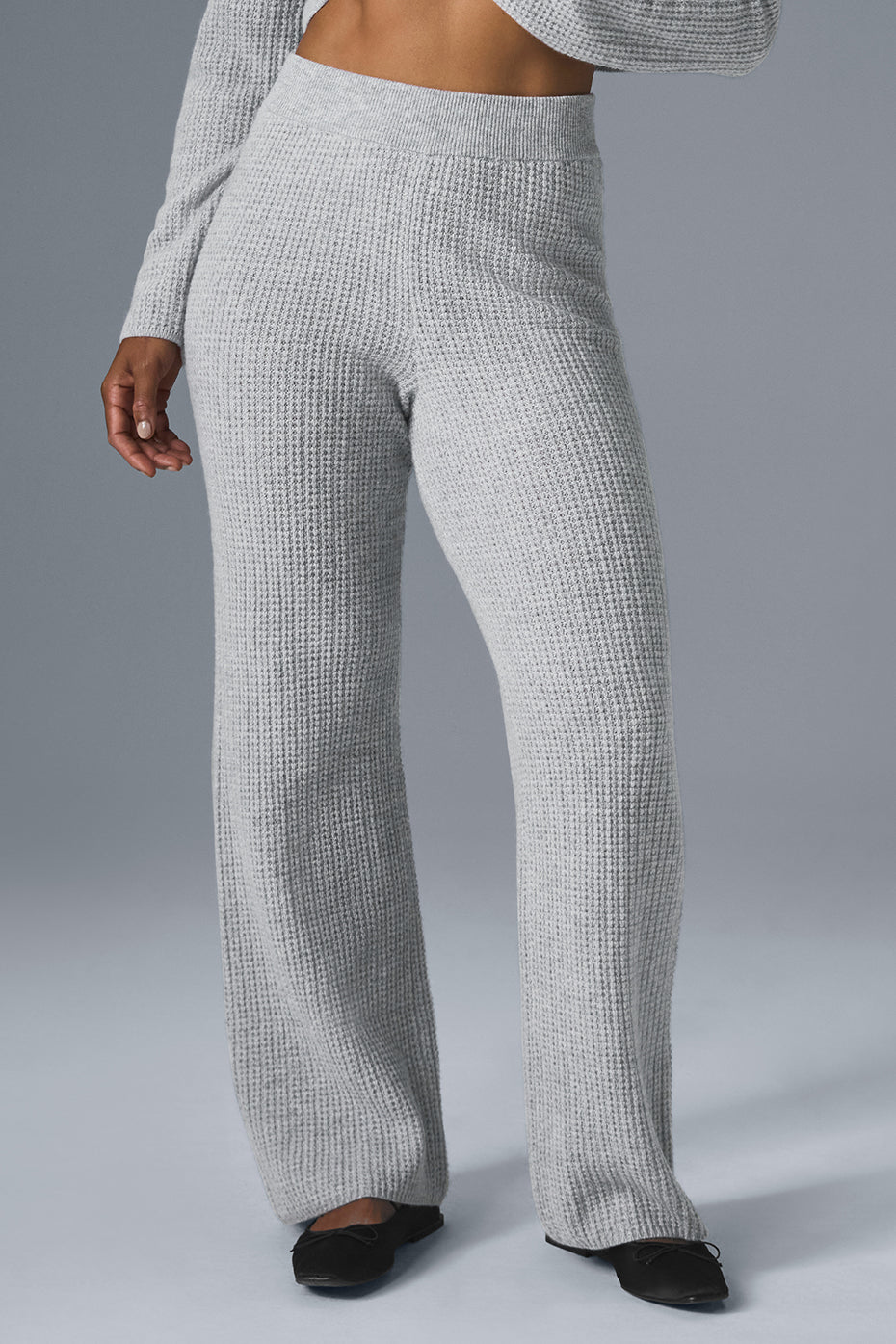 Front view of luxury wide leg cashmere pants in athletic grey.