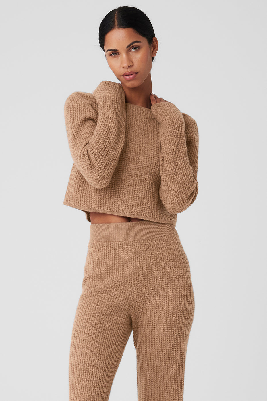 Front view of toasted almond waffle knit cropped sweater.