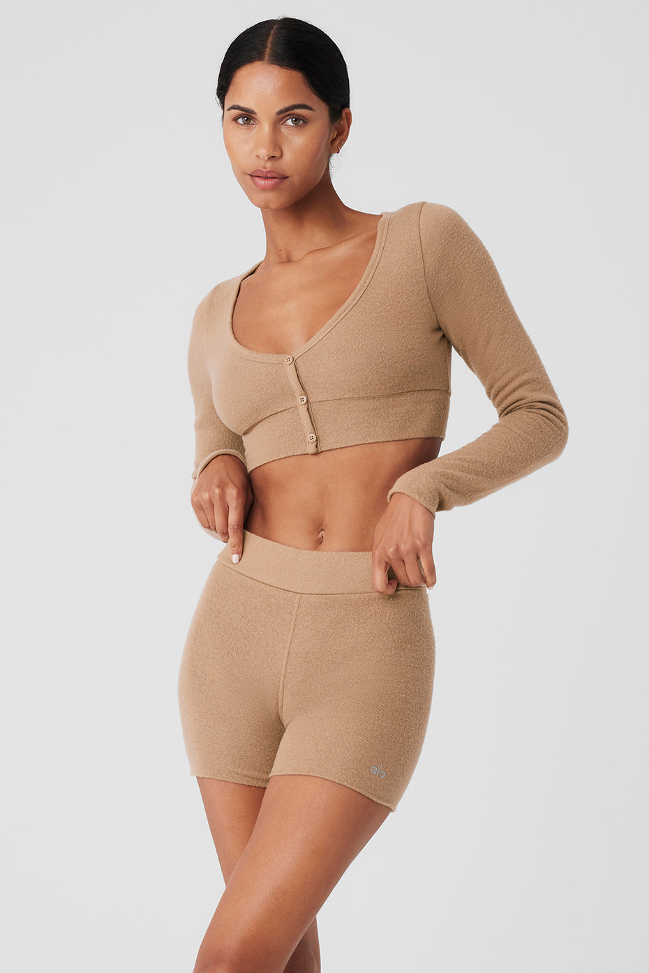 Close-up of the Alolux cropped cardigan's brushed finish in Toasted Almond color