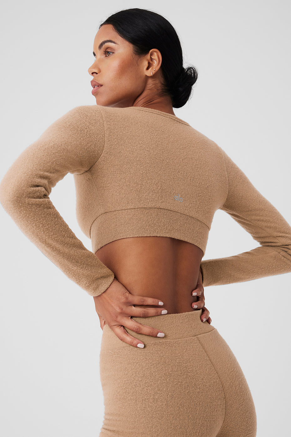 Close-up of the Alolux cropped cardigans brushed finish in Toasted Almond color
