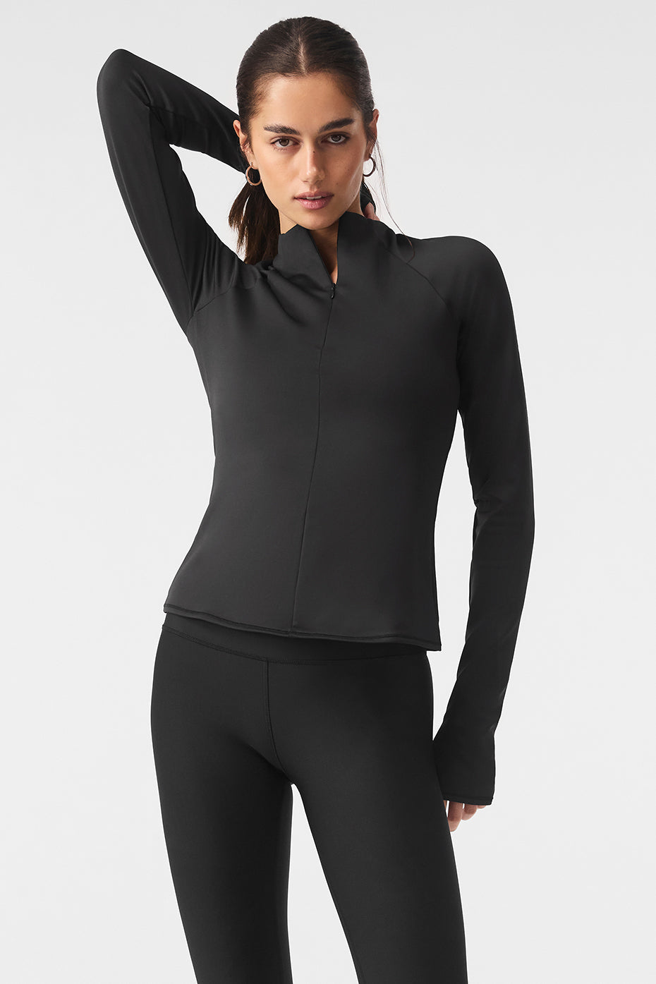 Side view of Airlift Winter Warm fleece quarter zip pullover for winter workouts.