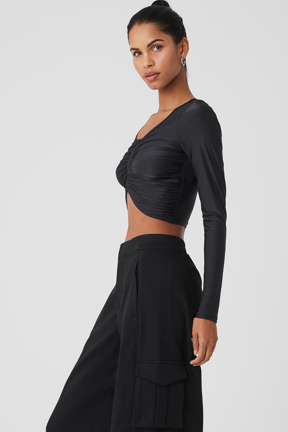Back view of elegant long sleeve crop top for evening wear