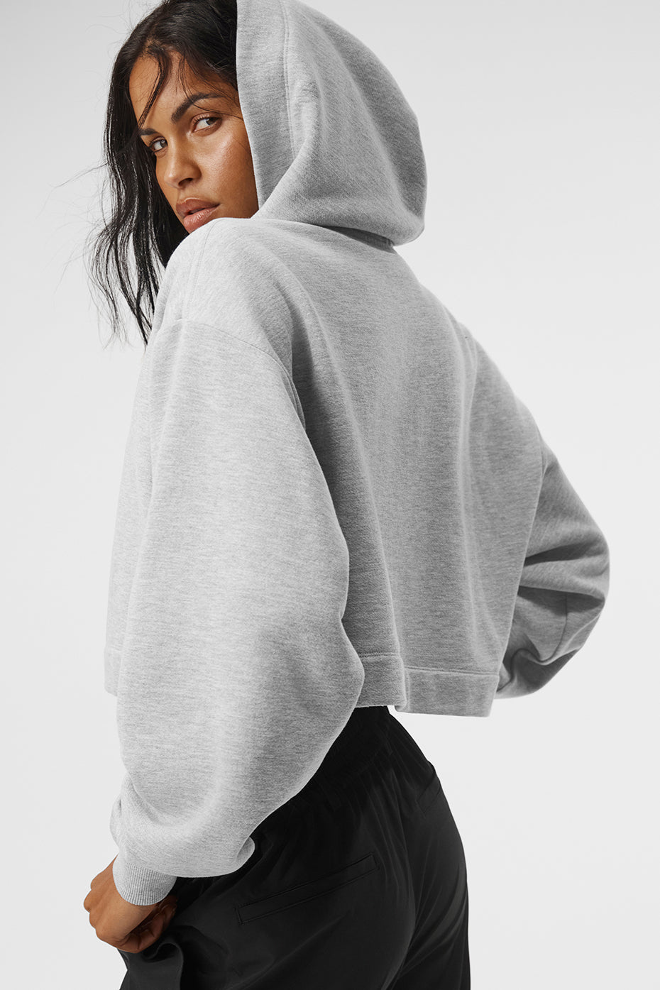 Back view of the Chic Comfort Hoodie, emphasizing the cropped ribbed hem.