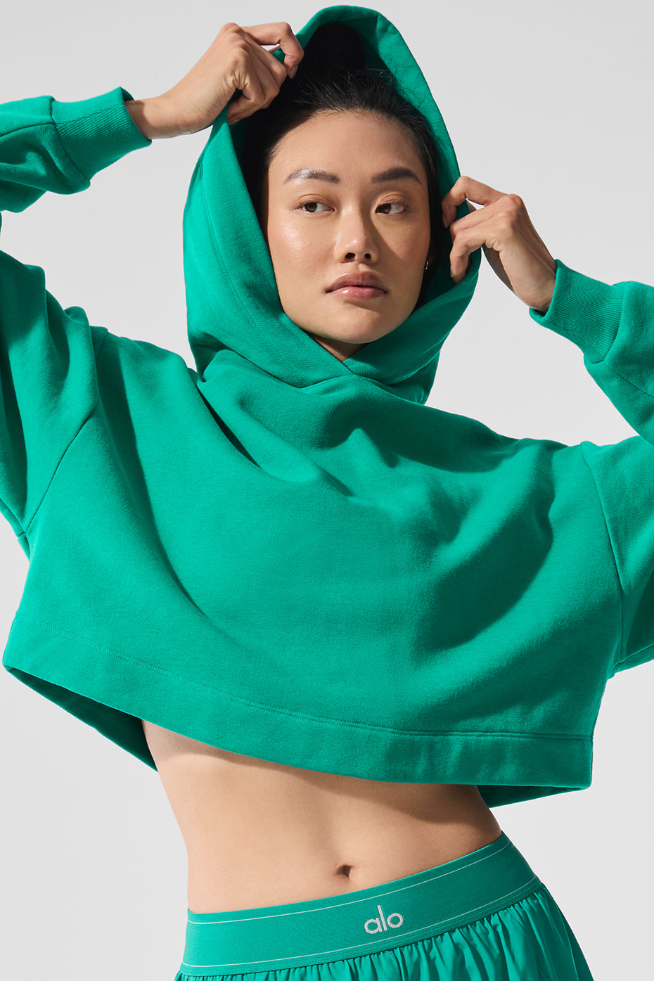 Close-up of the soft French terry fabric of the Spruce Green comfort hoodie.