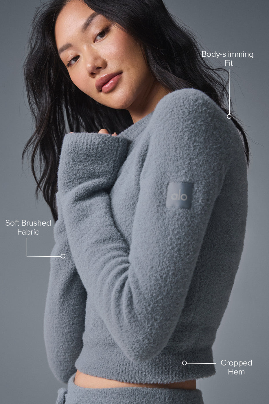 Close-up of chic sweater texture and steel grey colorway