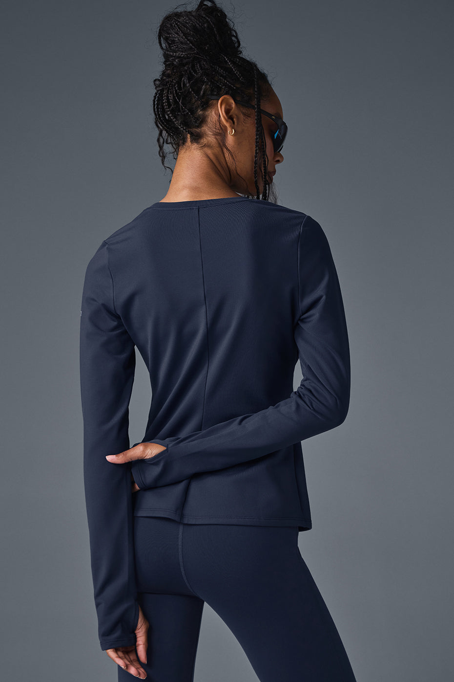Close-up of the brushed interior of the navy long sleeve compression shirt.