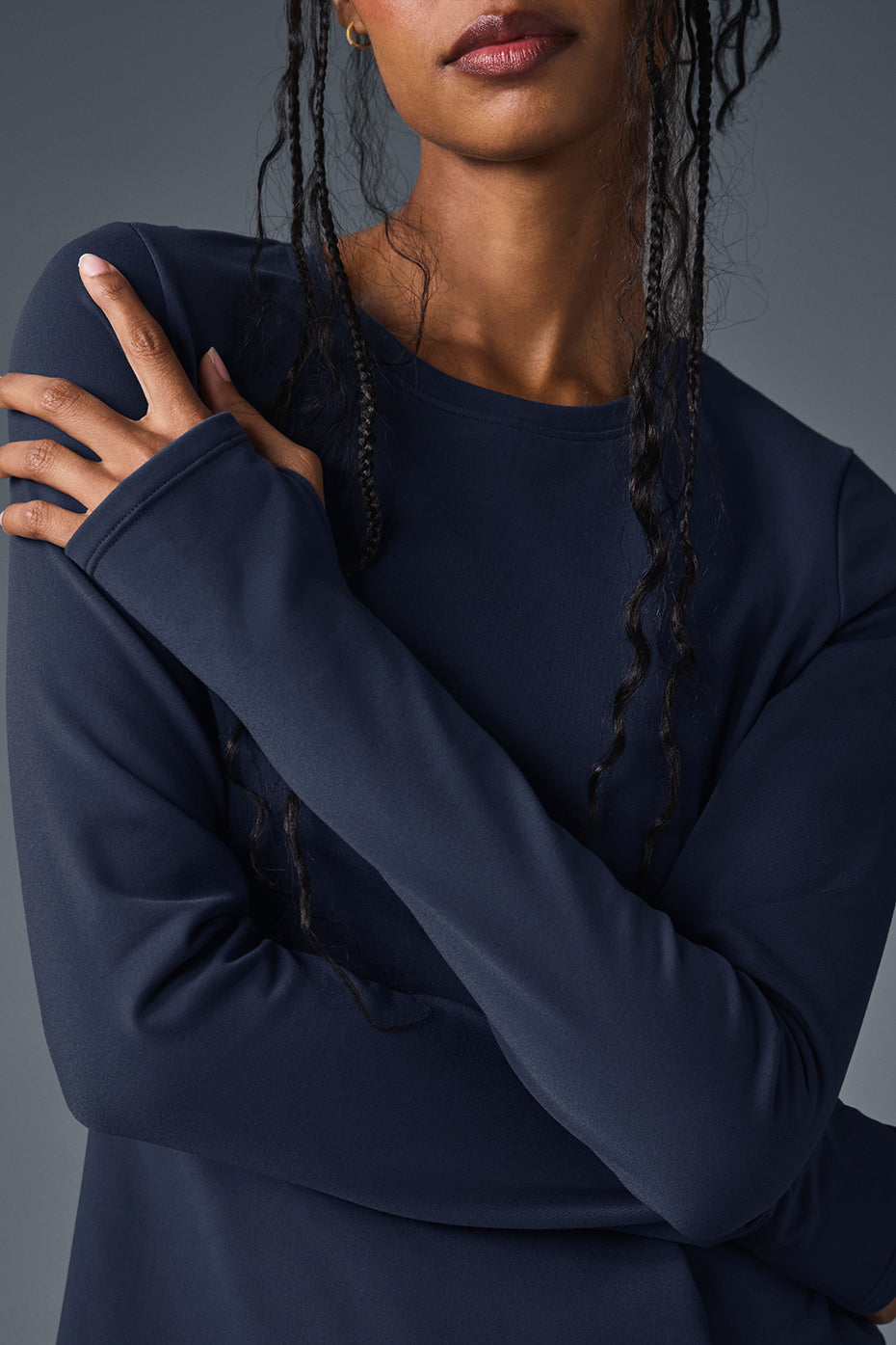 Airbrush Winter Warm long sleeve top in navy, showcasing its sleek design.