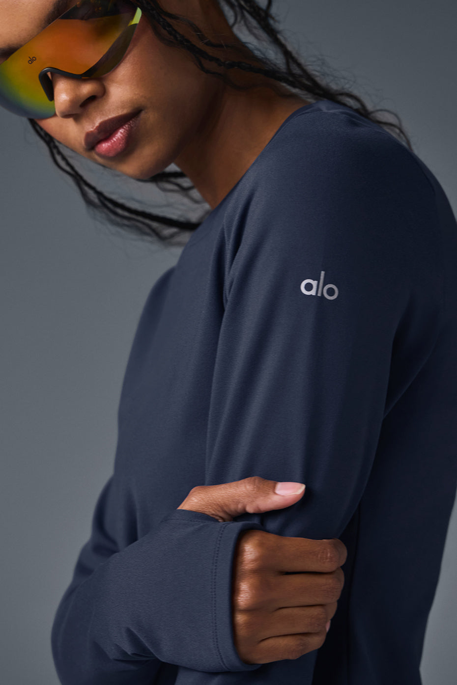 Close-up of the brushed interior of the navy long sleeve compression shirt.