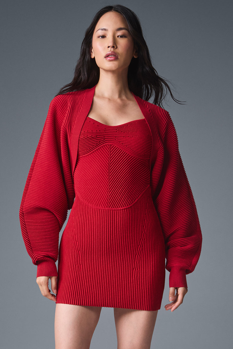 Close-up of bold red denim knit shawl texture