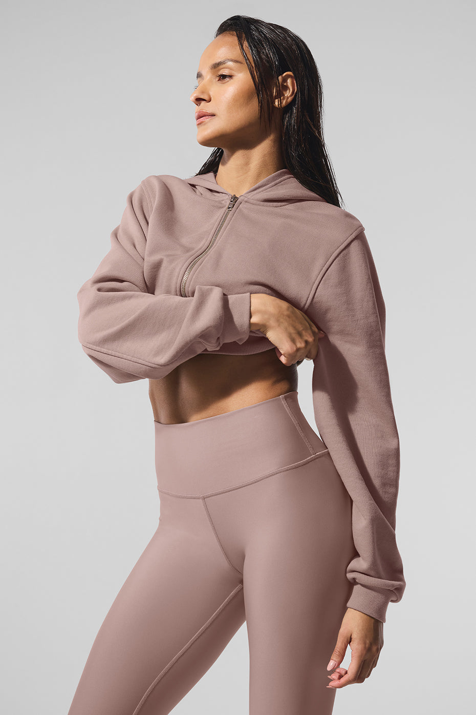 Front view of the taupe cozy fleece perfect hoodie, showcasing the zipper and hood.