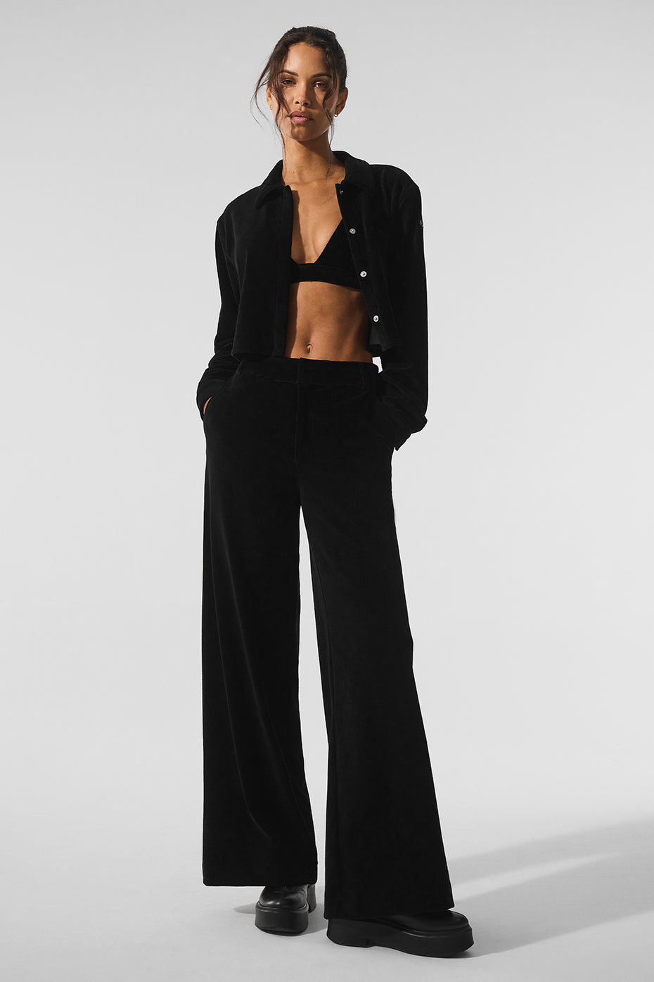 Front view of cropped corduroy dreamer button down shirt in black.