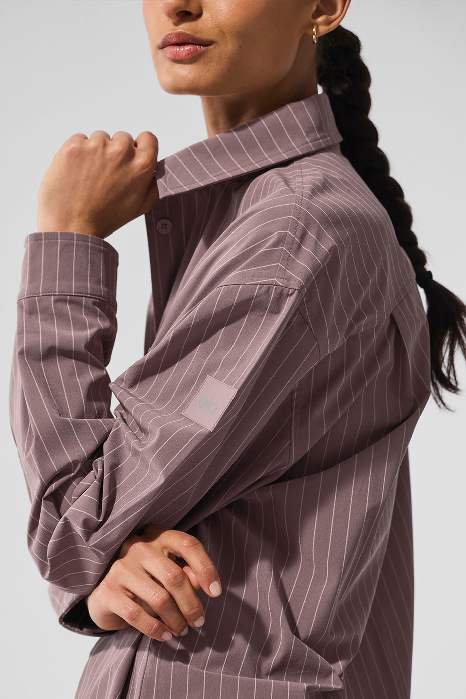 Front view of Mushroom/Ivory oversized button down shirt on a model.