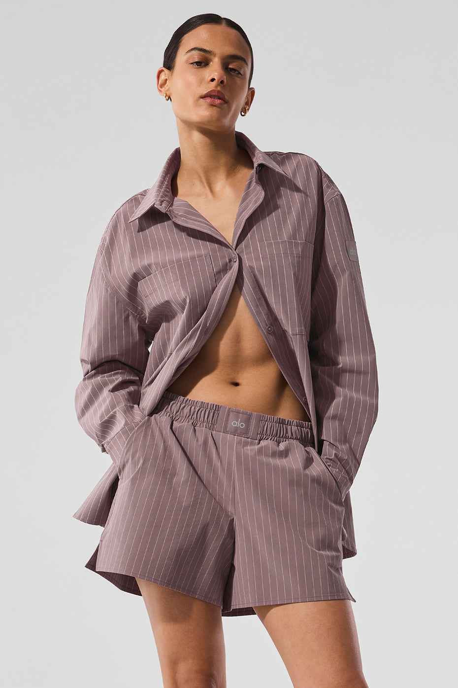 Close-up of the classic collar on the oversized button down shirt.