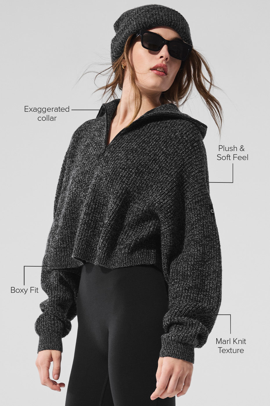 Side angle of the womens cropped sweater, highlighting the exaggerated collar.