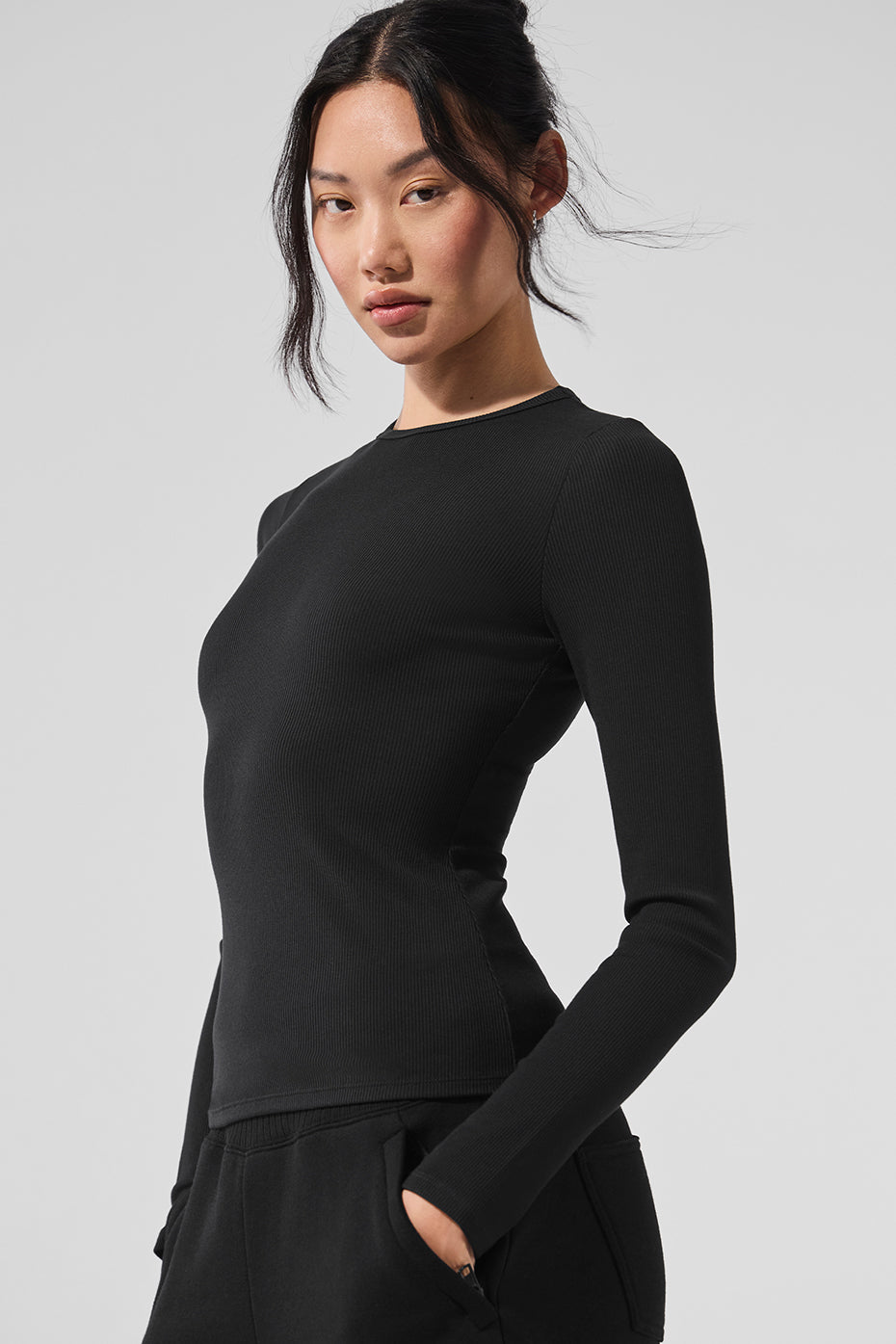 Essential Ribbed Modal Long Sleeve Top in black on a mannequin.