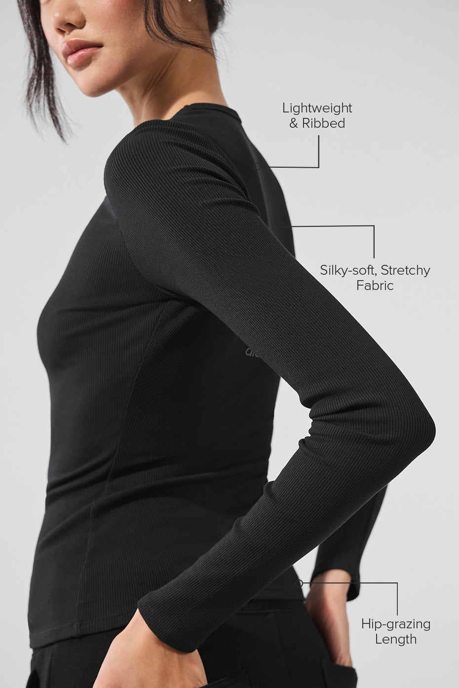 Close-up of the fabric texture of the Ribbed Modal Long Sleeve Top.