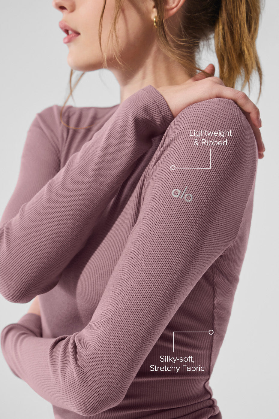 Close-up of the ribbed texture on the long sleeve modal top.