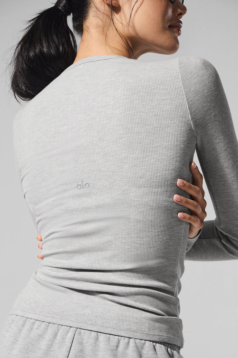 Front view of the silky soft ribbed modal long sleeve t-shirt in athletic heather grey.