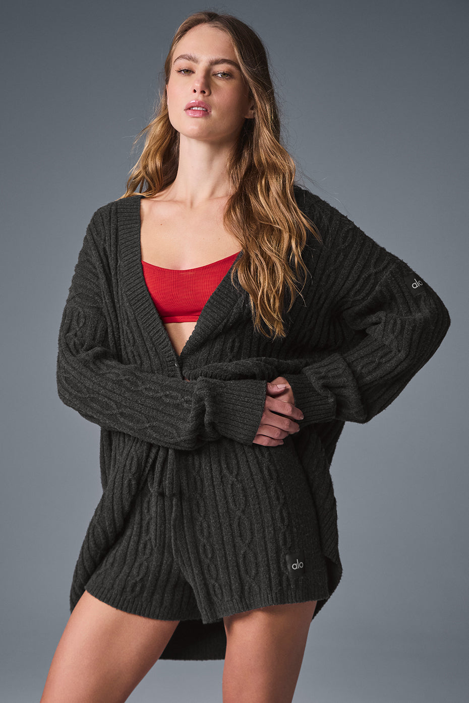 Casual outfit featuring a cropped cardigan with a stylish look.