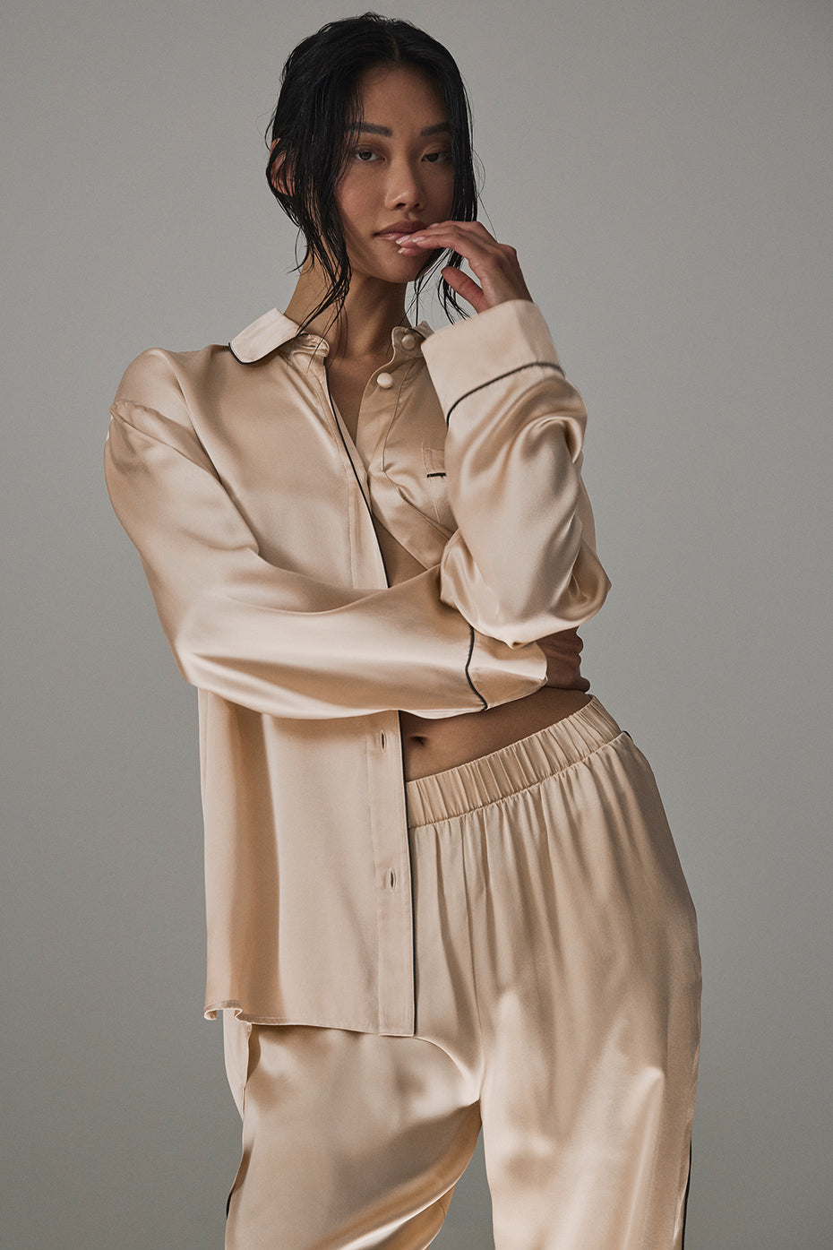 Front view of Courchevel luxury silk button down shirt in champagne and black.