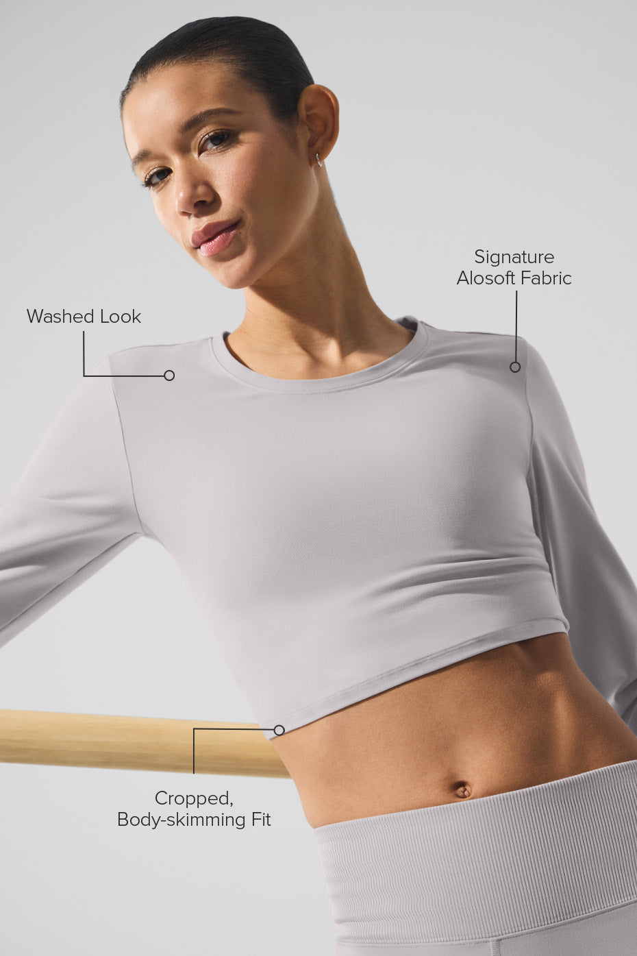 Front view of the grey sky wash crop shirt long sleeve on a mannequin for casual styling